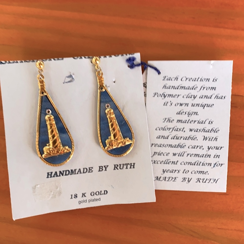 Handmade Artisan Lighthouse Earrings - Polymer Clay & 18Ct Gold Plated - NWT